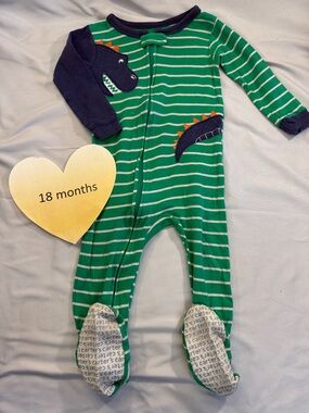 Carter's - Green Striped Baby Onesie with Dinosaur